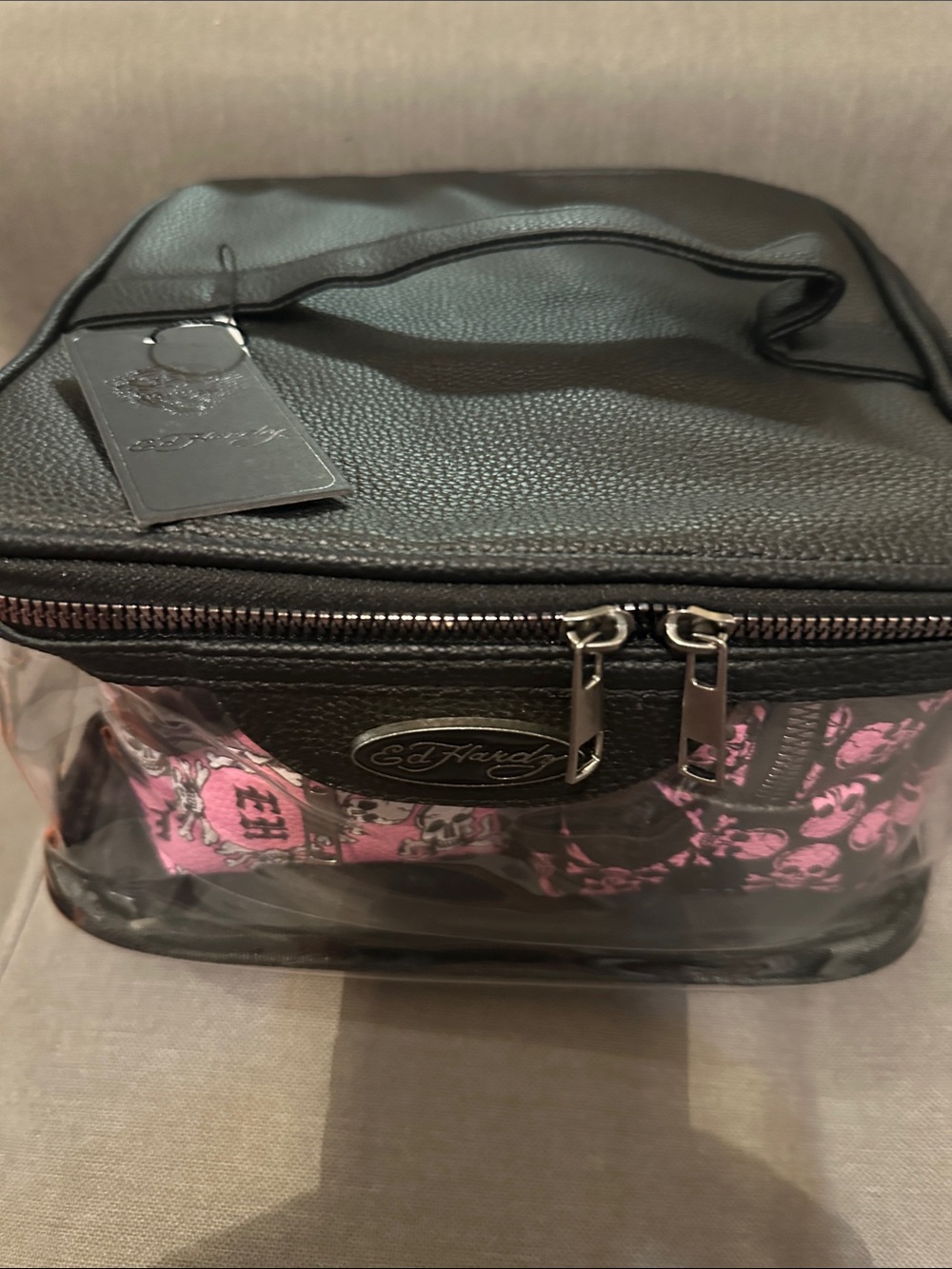 Ed Hardy Black & Pink Clear Travel Cosmetic Case